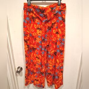 Maison D' Amelie Red Tropical Floral Linen Blend Wide Leg Pull-On Pants L Beach